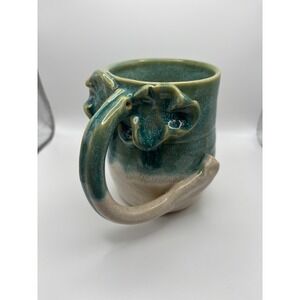 Handmade Ceramic Mug Green Ombre Glaze Unique Elephant Handle